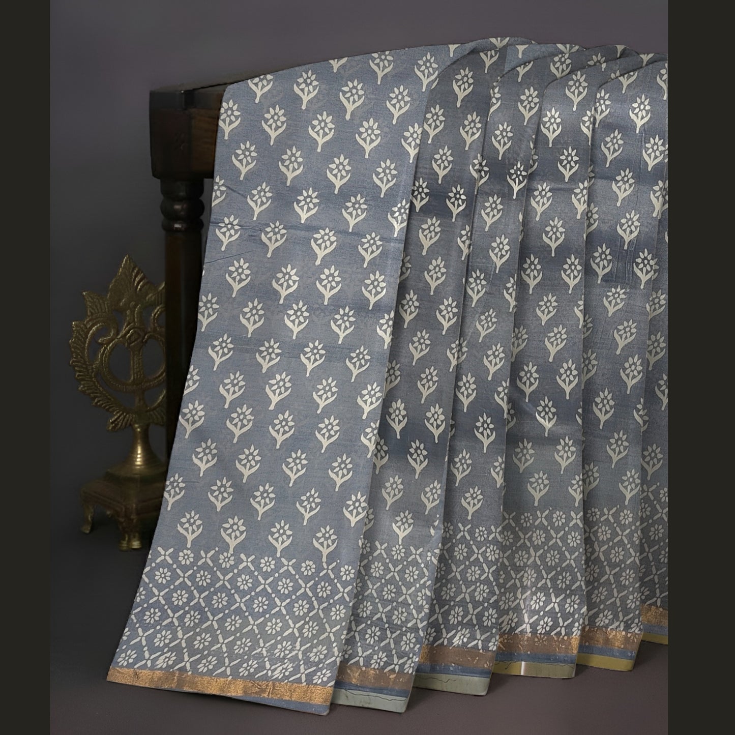 Grey chanderi Block Print Saree