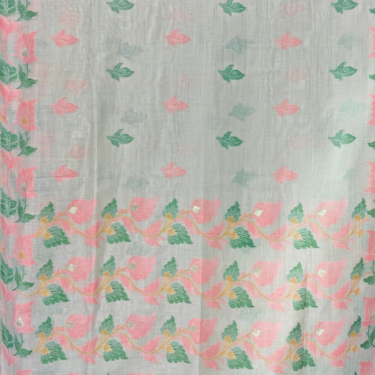 Off-White Pink Green Cotton Silk Thread Work Saree