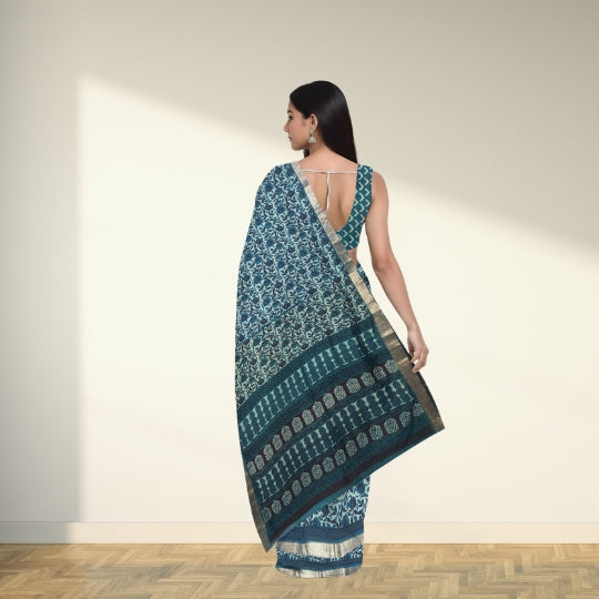 Dark Green Bangalore Silk Hand Block Printed Saree