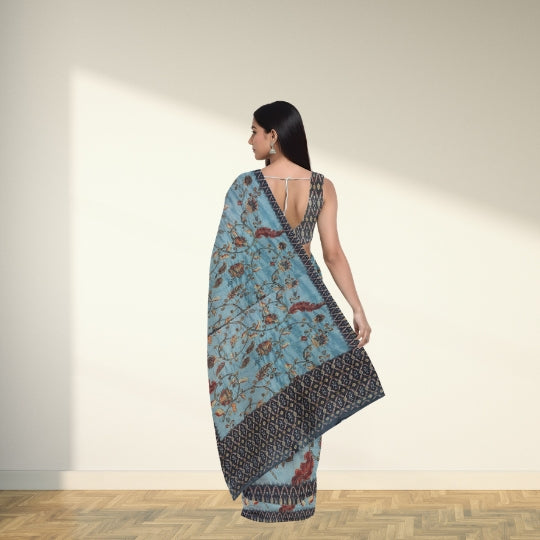 Grey Cotton Silk All Over Kantha Work Saree