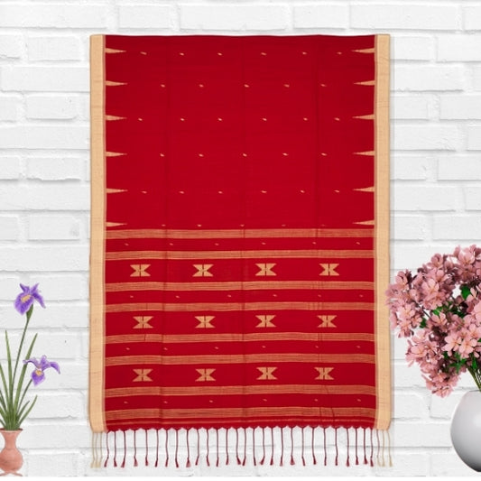 Jamdani Cotton Handloom Red Saree with Yellow Border