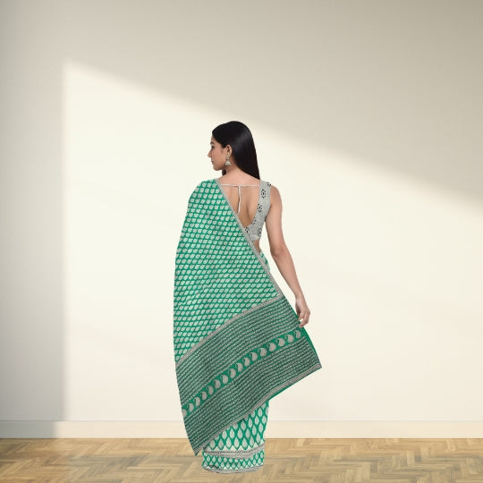 Green Mulmul Cotton Hand Block Printed Saree