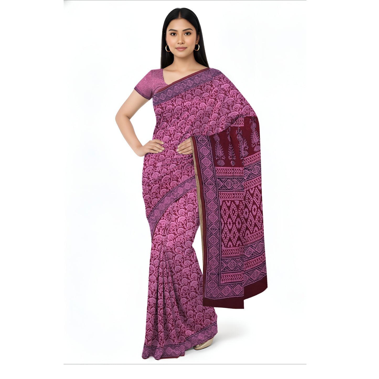 Pink Maheshwari Handloom Bagh Print Pure Cotton Saree