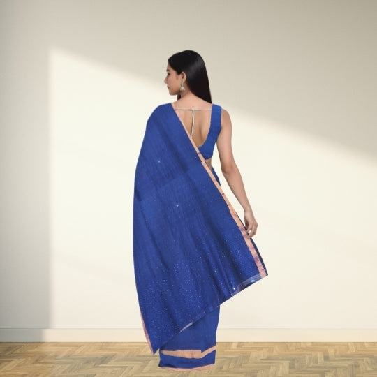 Blue Bengol Handloom Mullmol Khadi Sequence Work Saree