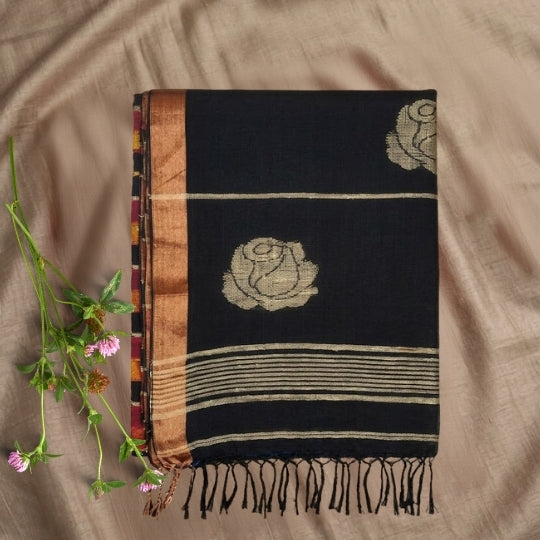 Black Magenta Striped Linen Saree