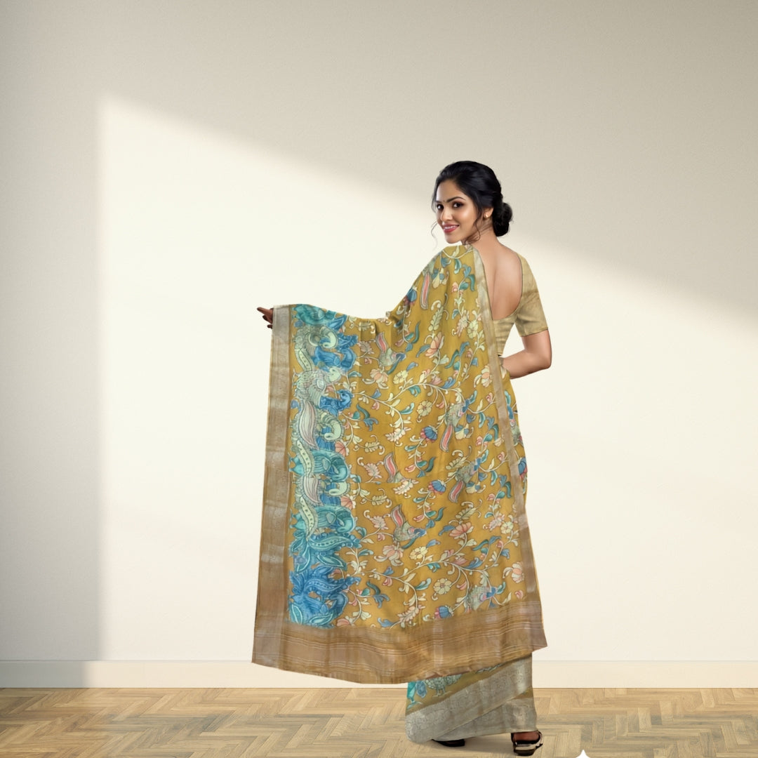 Mustard Banglore Silk Kalmkari Print Saree