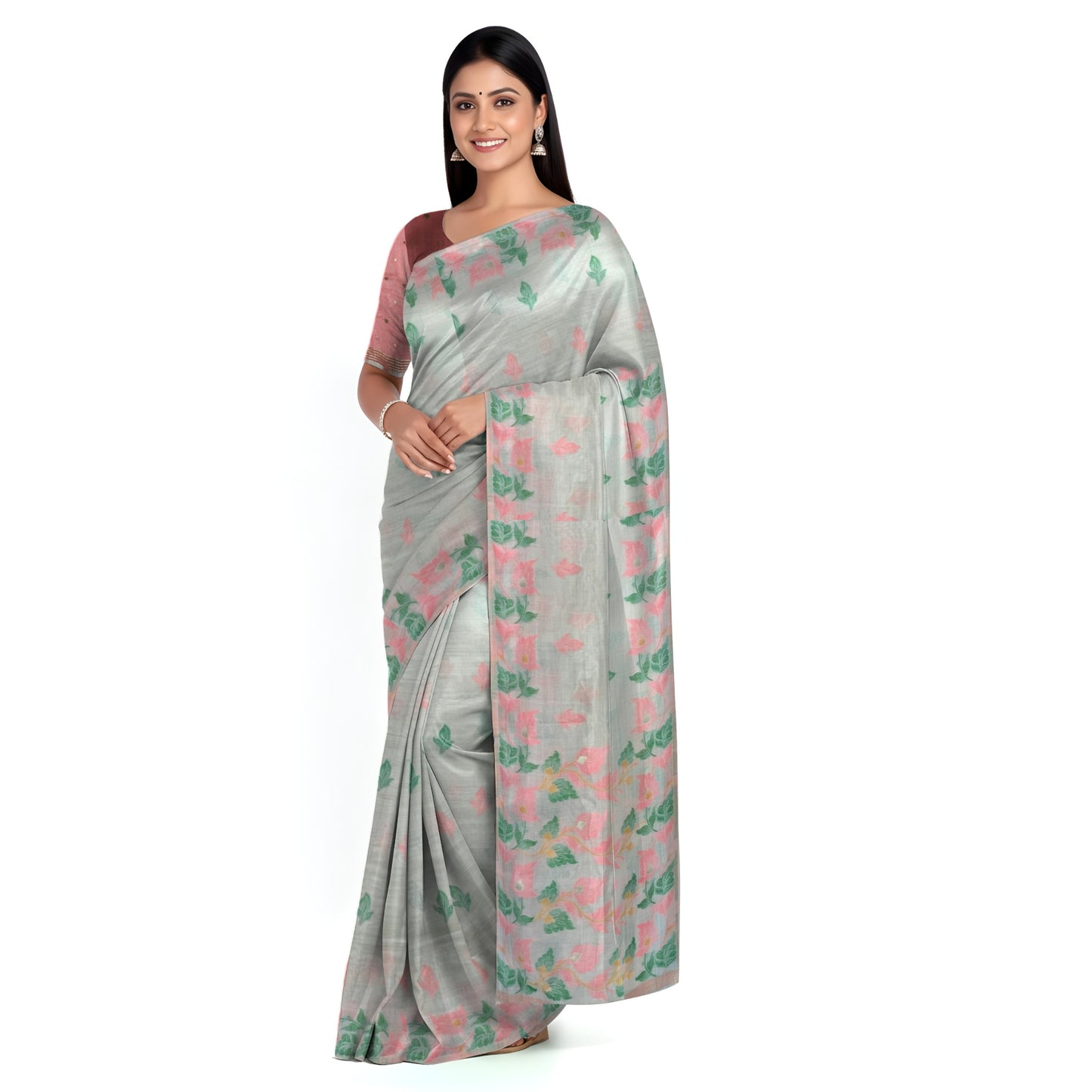 Off-White Pink Green Cotton Silk Thread Work Saree