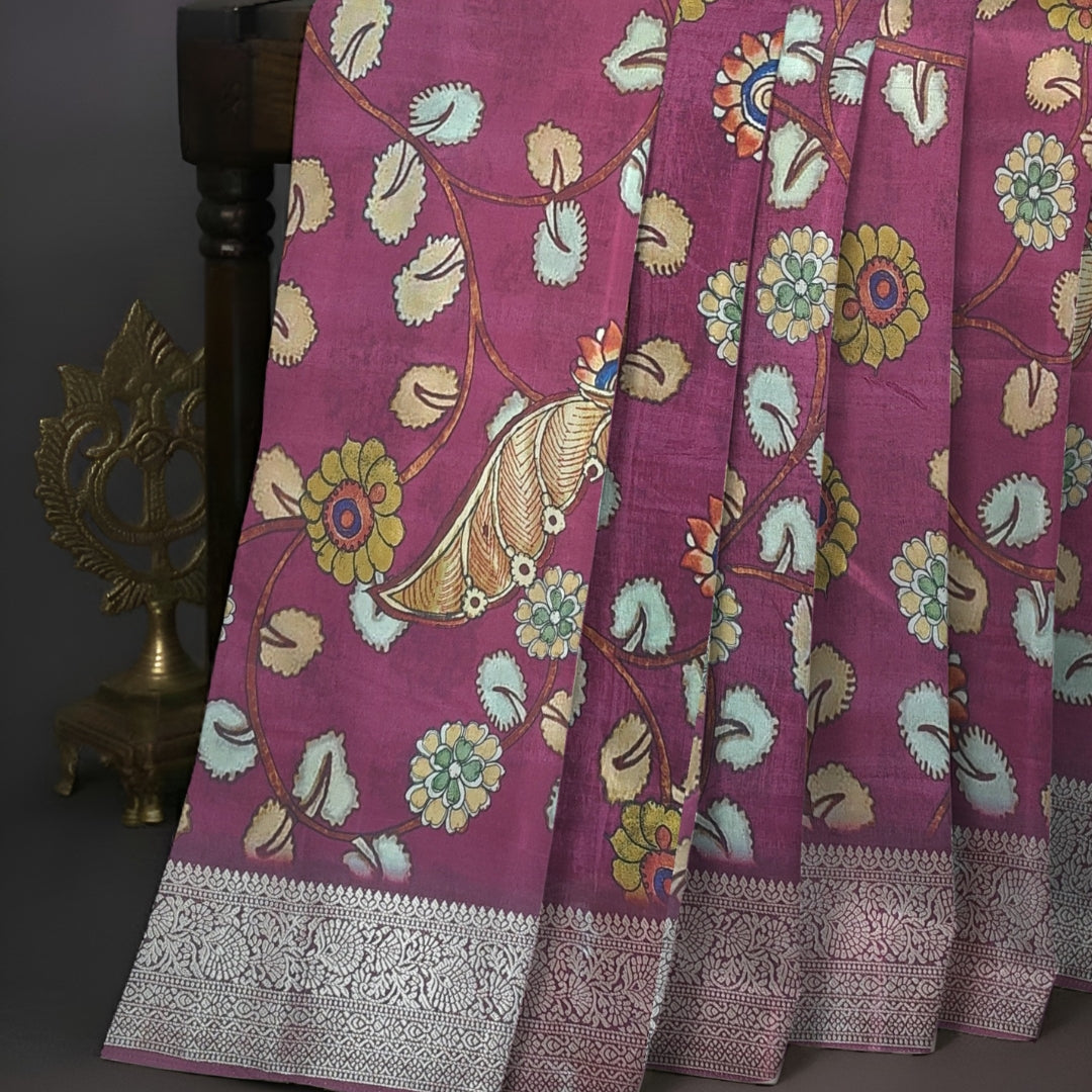 Wine Banglore Silk Kalmkari Print Saree
