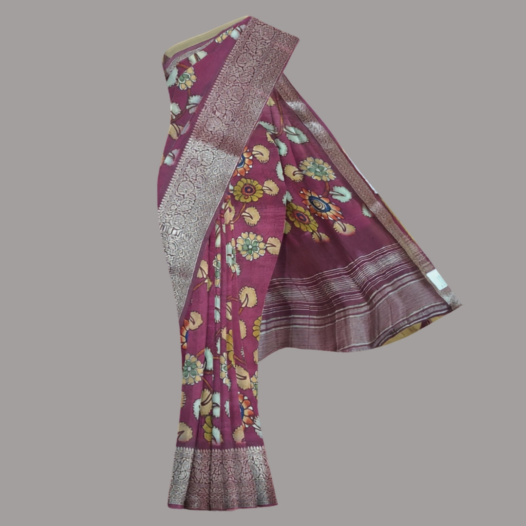 Wine Banglore Silk Kalmkari Print Saree