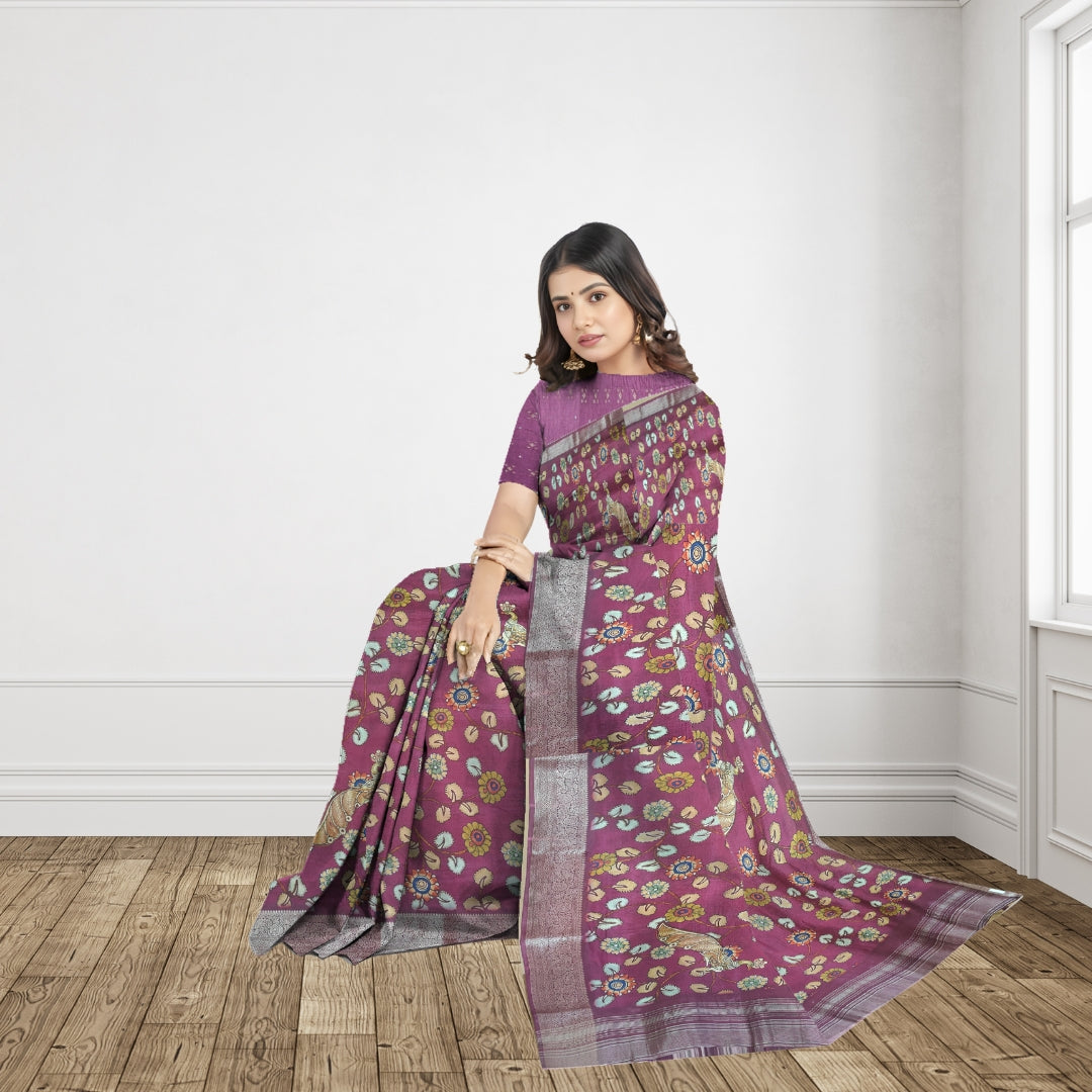 Wine Banglore Silk Kalmkari Print Saree