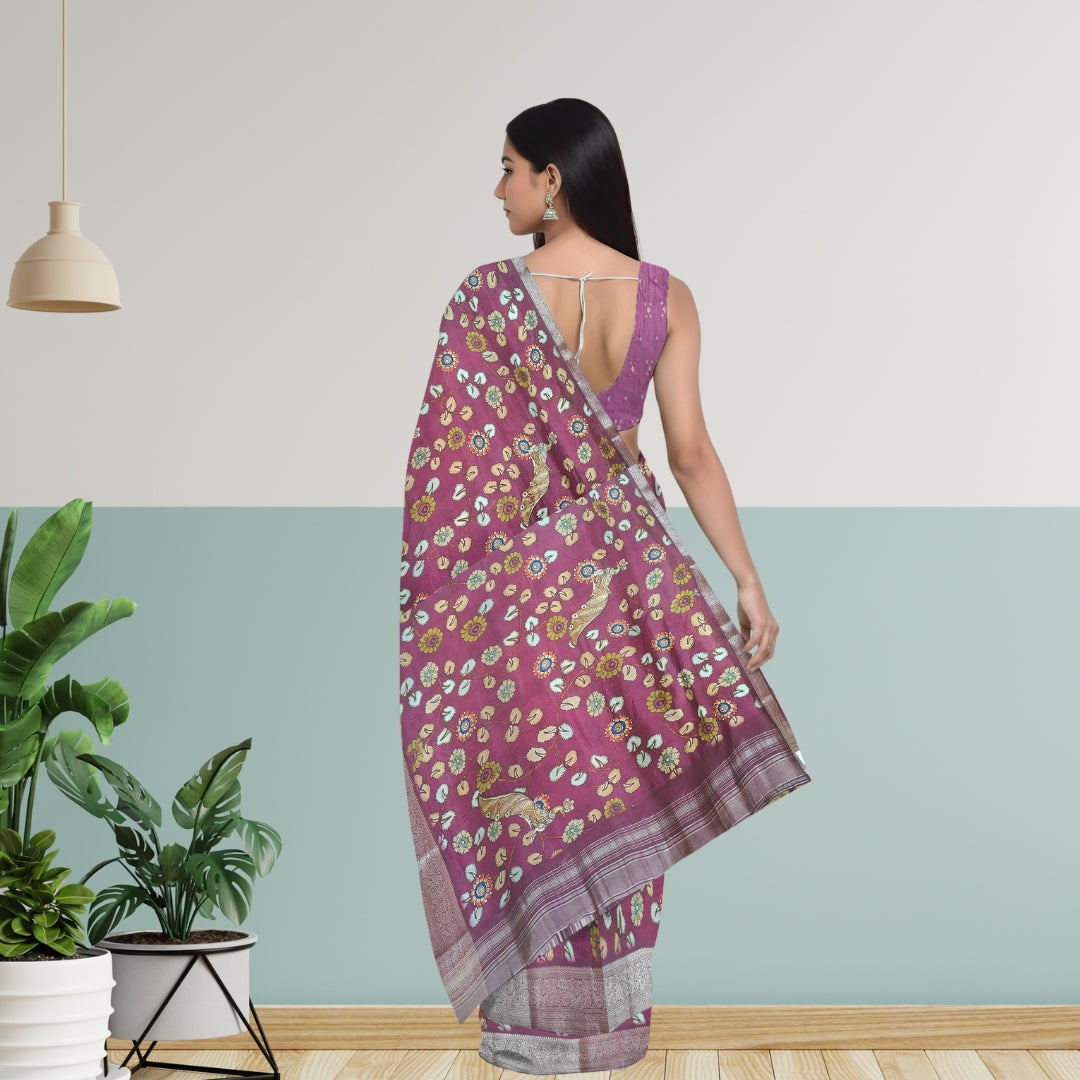 Wine Banglore Silk Kalmkari Print Saree