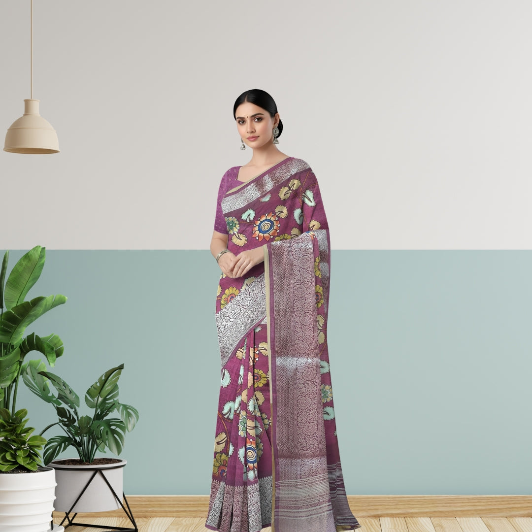 Wine Banglore Silk Kalmkari Print Saree