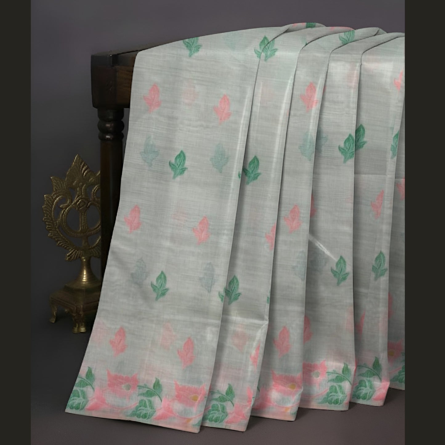 Off-White Pink Green Cotton Silk Thread Work Saree