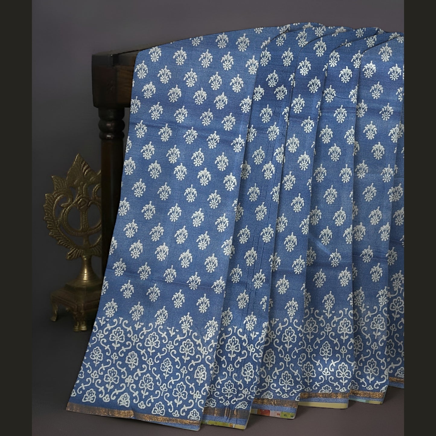 Indigo Chanderi Block Print Saree
