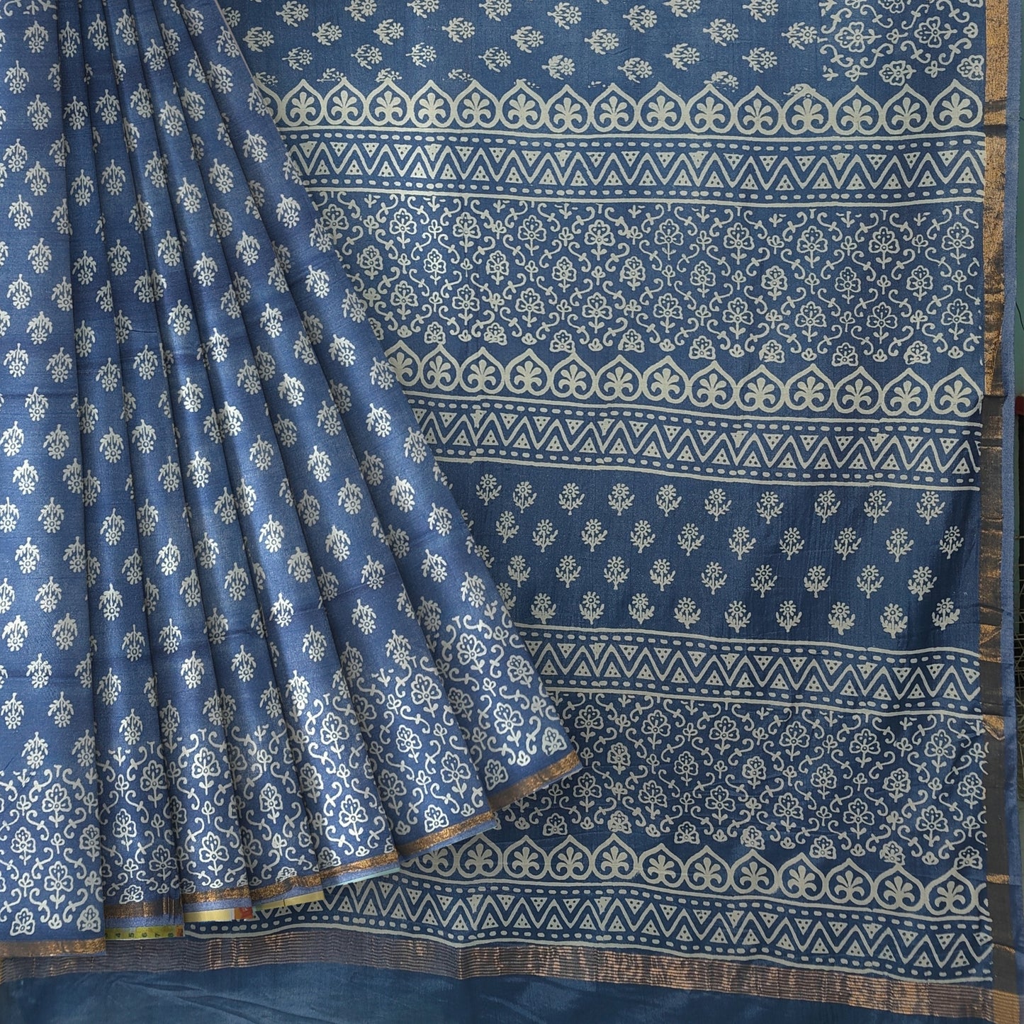 Indigo Chanderi Block Print Saree