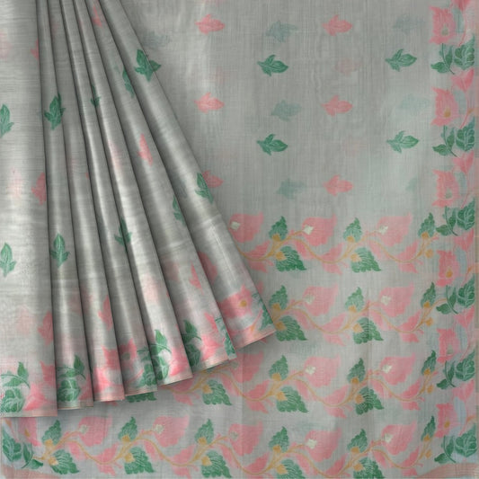 Off-White Pink Green Cotton Silk Thread Work Saree
