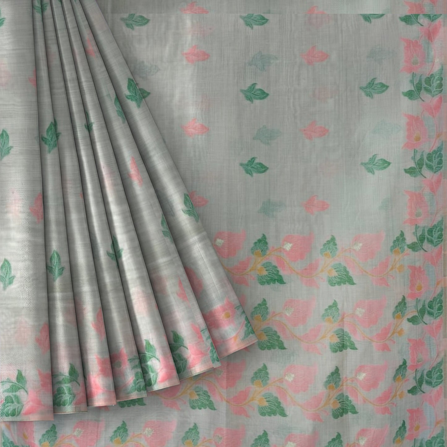 Off-White Pink Green Cotton Silk Thread Work Saree