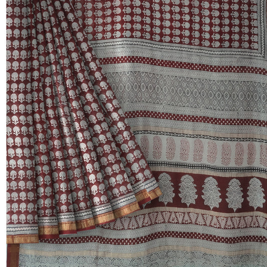 Red Maroon Maheshwari Silk Baag Block Print Saree with Zari Border