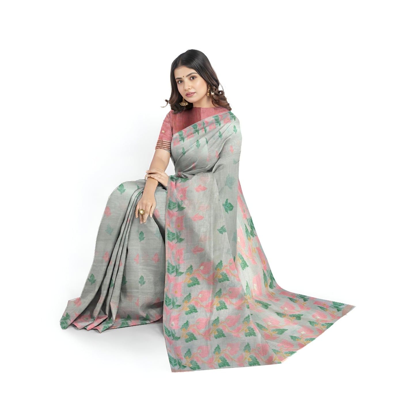 Off-White Pink Green Cotton Silk Thread Work Saree