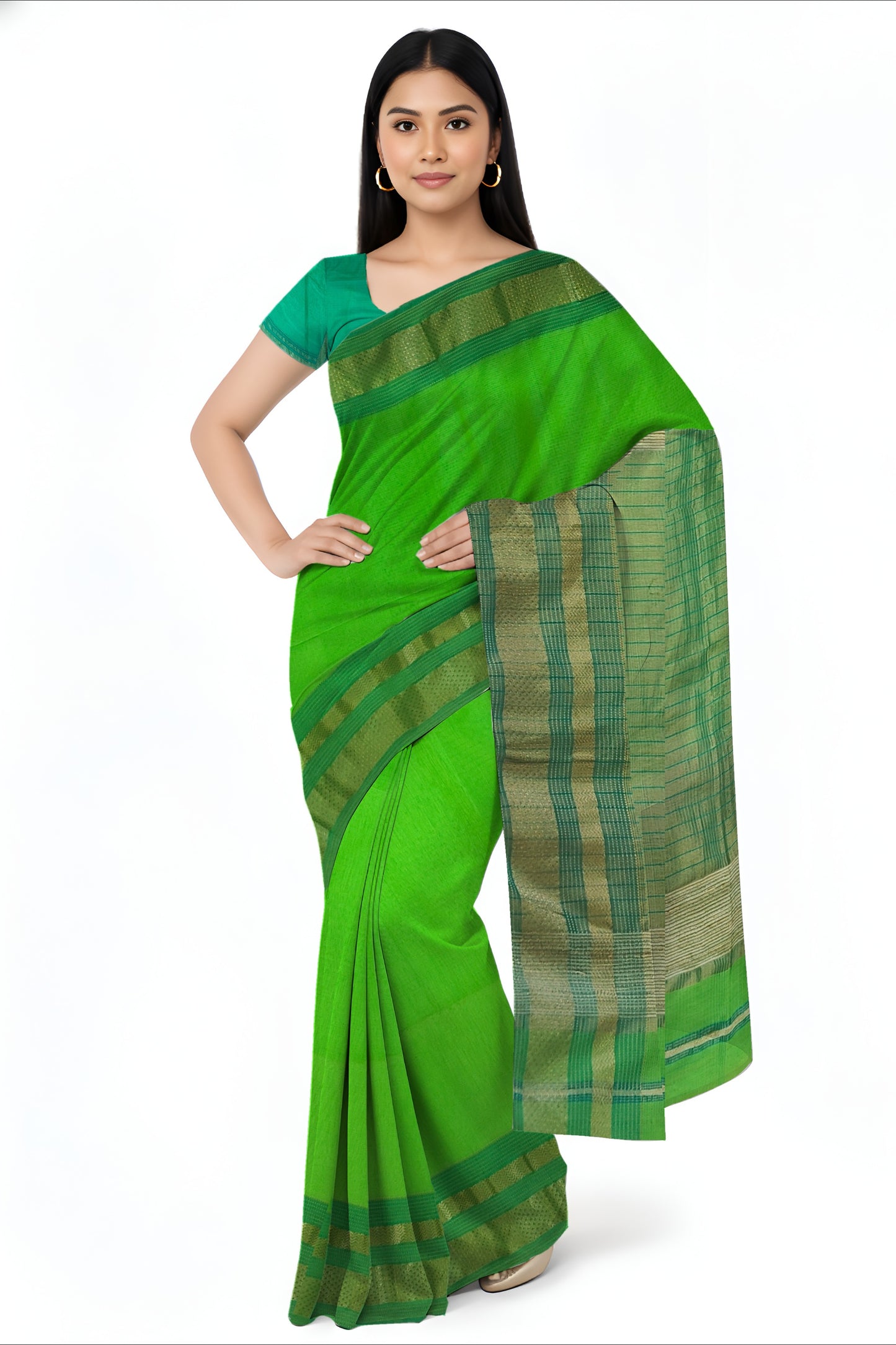 Parrot Green Maheshwari Handloom Cotton Silk Saree
