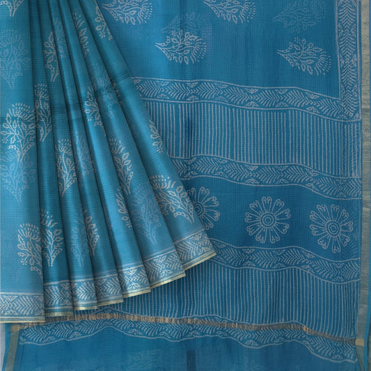 Blue Soft Cotton Kota Doriya Block Print Saree