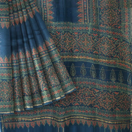 Bottle Green Chanderi Cotton Handblock Printed Saree