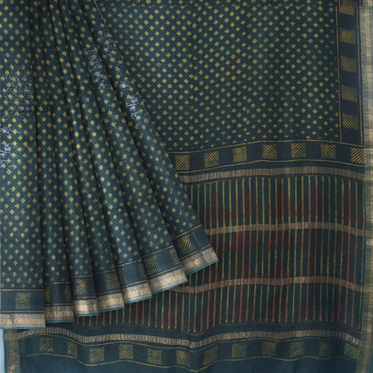Mehandi Green Maheshwari Handloom Cotton Silk Bagh Block Printed Natural Dyes Saree