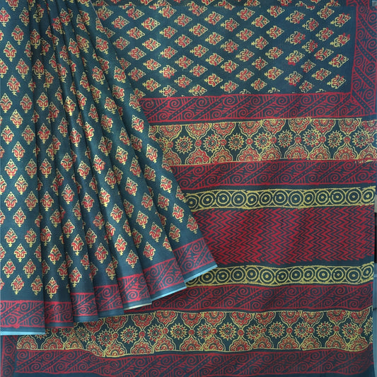 Dark Green Mulmul Cotton Hand Block Printed Saree