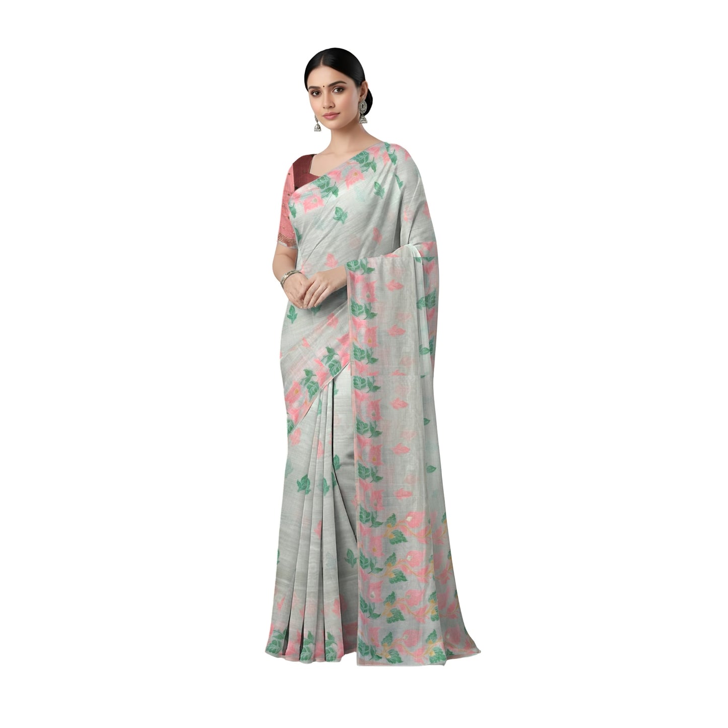 Off-White Pink Green Cotton Silk Thread Work Saree