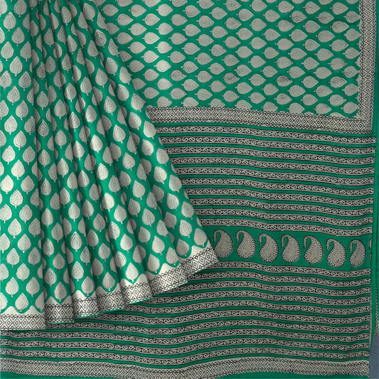 Green Mulmul Cotton Hand Block Printed Saree