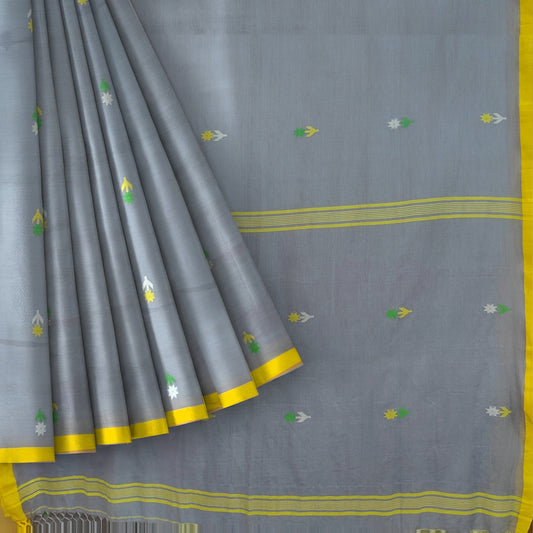 Gray Bengol Handloom Mullmul Cotton Work Saree