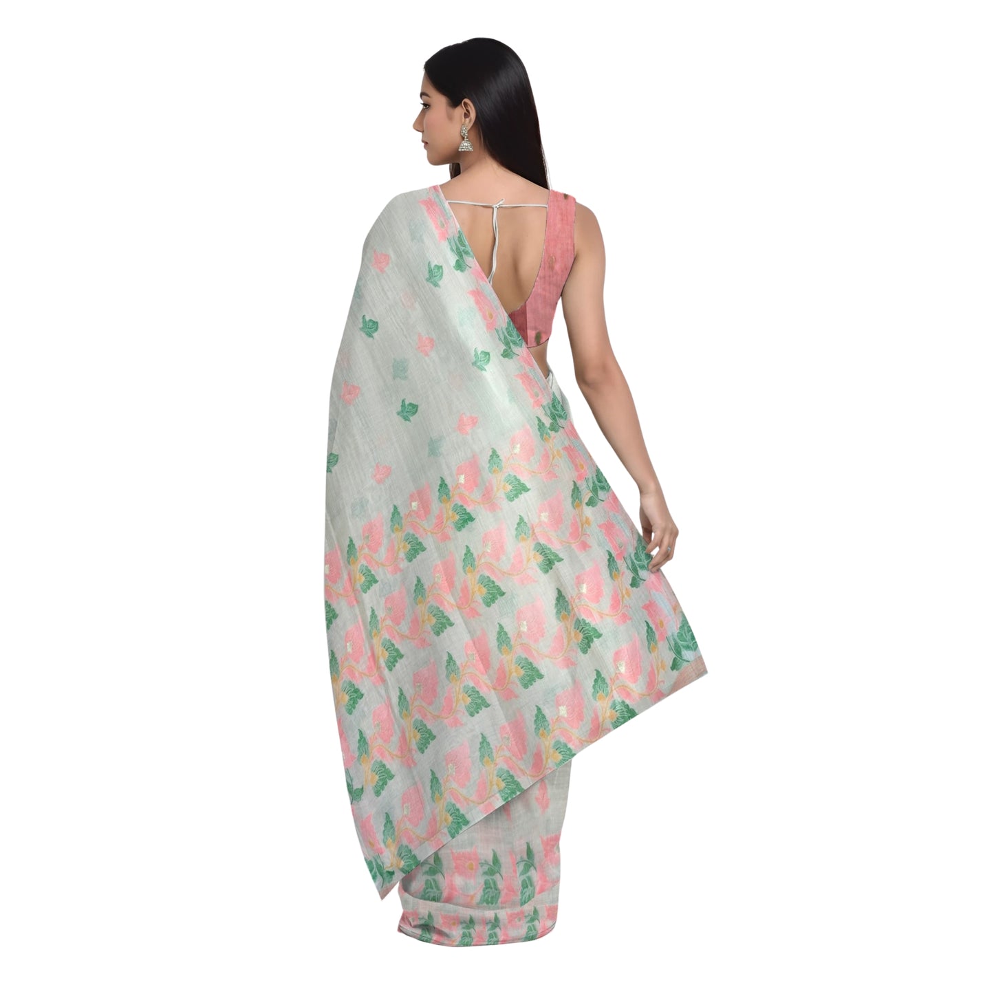 Off-White Pink Green Cotton Silk Thread Work Saree