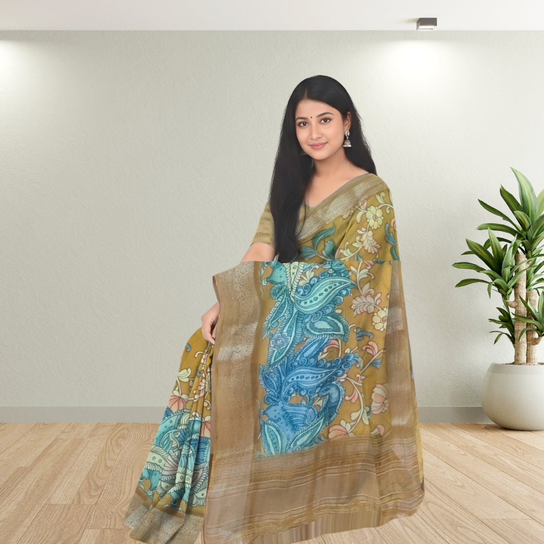Mustard Banglore Silk Kalmkari Print Saree