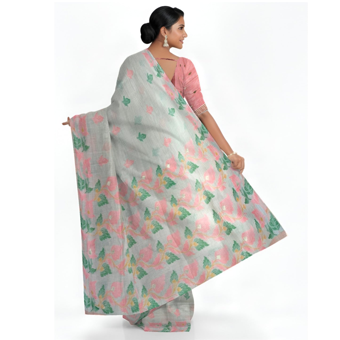 Off-White Pink Green Cotton Silk Thread Work Saree