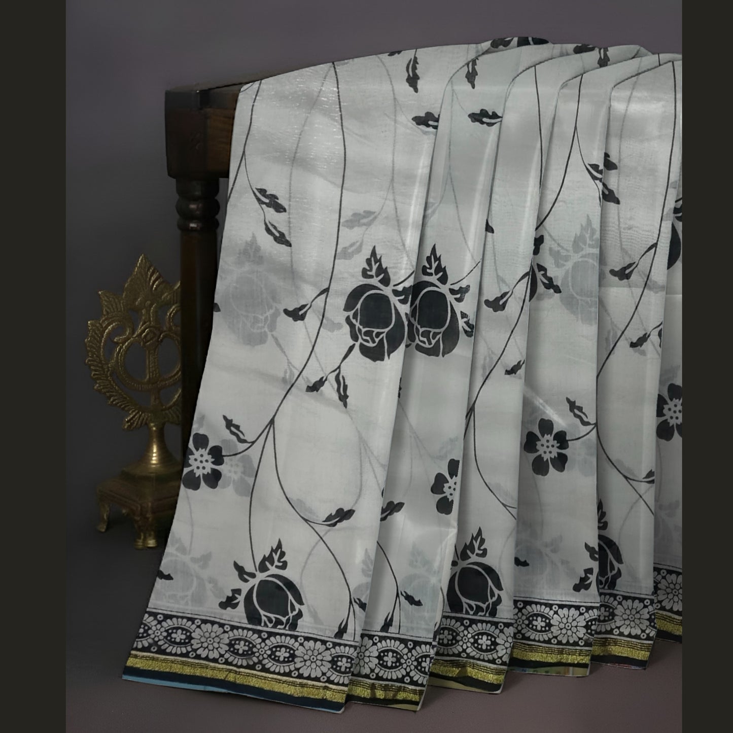 Black and White Chanderi Silk Cotton Block Print Saree