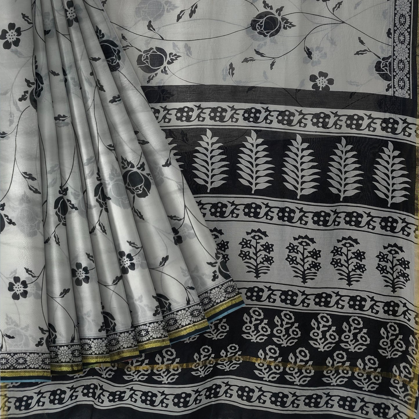 Black and White Chanderi Silk Cotton Block Print Saree
