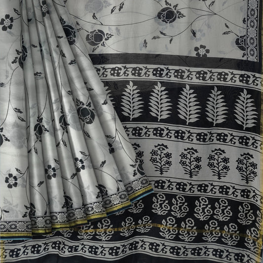 Black and White Chanderi Silk Cotton Block Print Saree