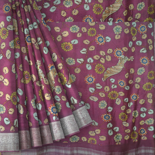 Wine Banglore Silk Kalmkari Print Saree