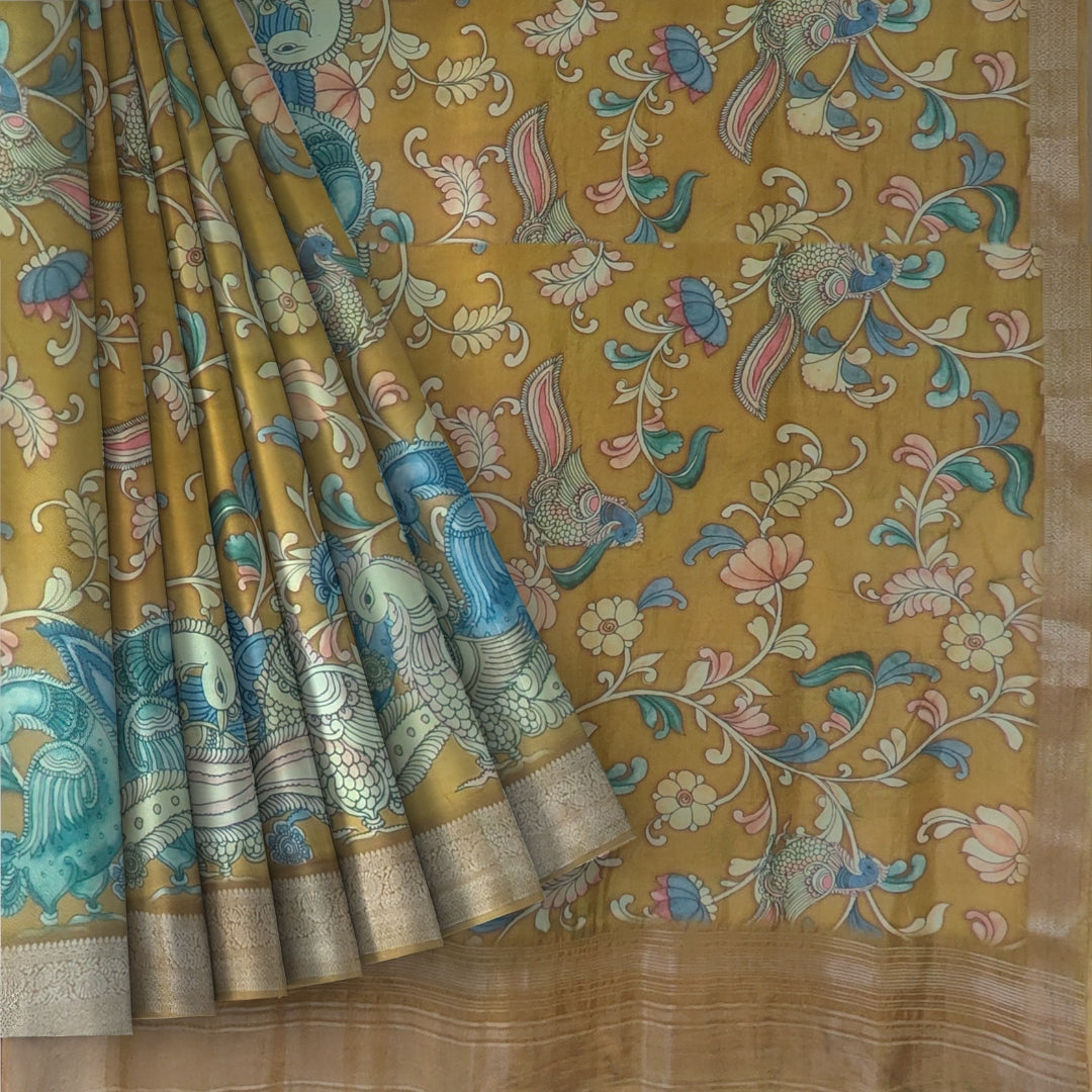 Mustard Banglore Silk Kalmkari Print Saree