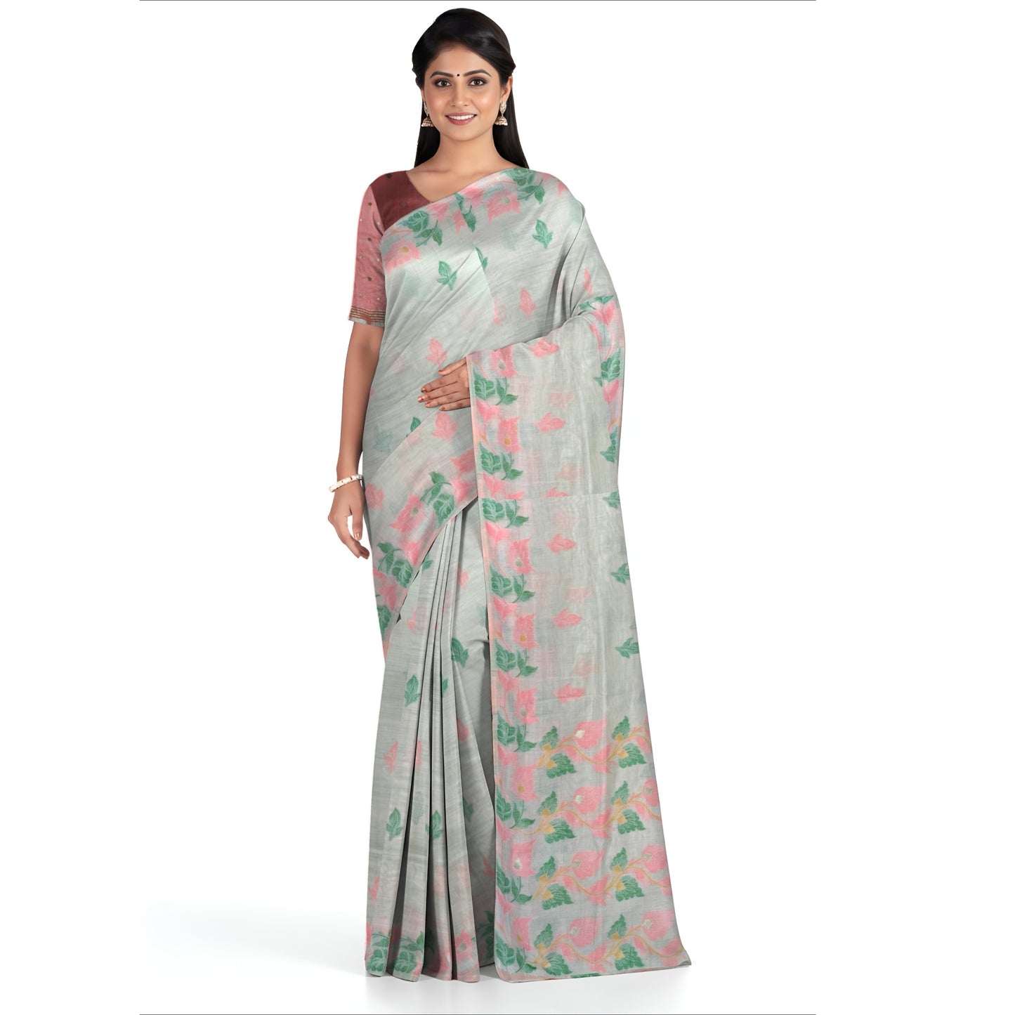 Off-White Pink Green Cotton Silk Thread Work Saree