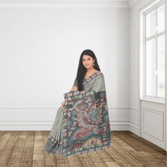 Beige Maheshwari Handloom Screen Printed Saree