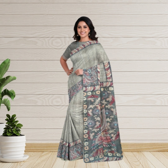 Beige Maheshwari Handloom Screen Printed Saree