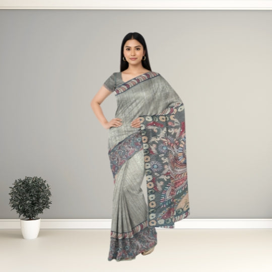 Beige Maheshwari Handloom Screen Printed Saree