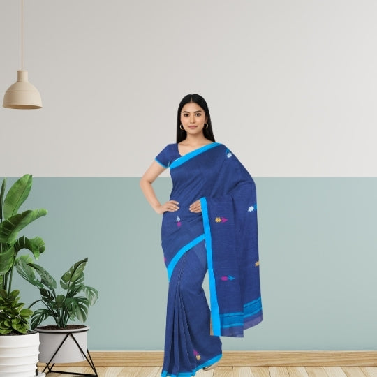 Bengol Handloom Mulmul Cotton Jamdani Weave Blue Saree