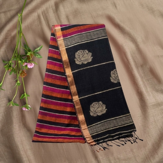 Black Magenta Striped Linen Saree