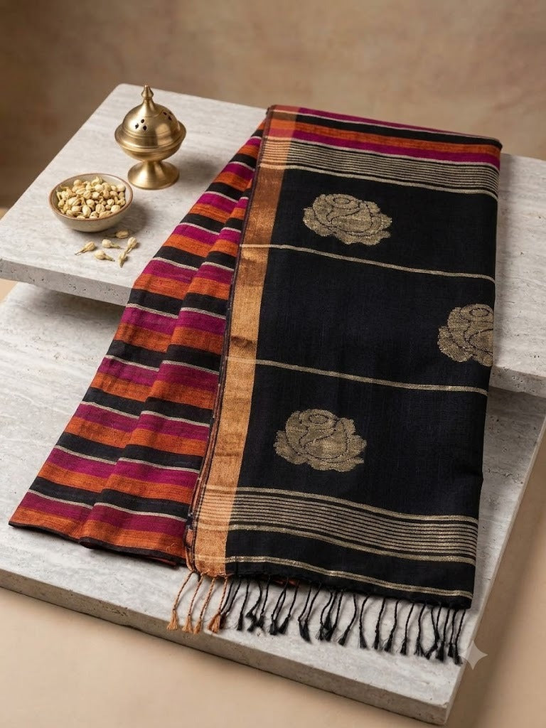 Black Magenta Striped Linen Saree