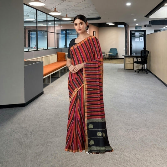 Black Magenta Striped Linen Saree