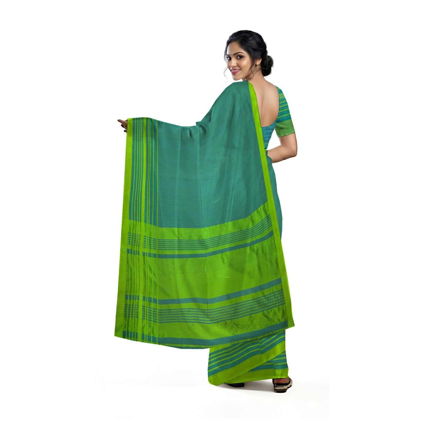 A woman modeling a green and teal blue saree with a bright lime green border and blue stripes, shown from the back against a plain white background.