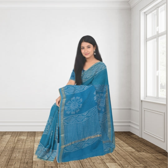 Blue Soft Cotton Kota Doriya Block Print Saree
