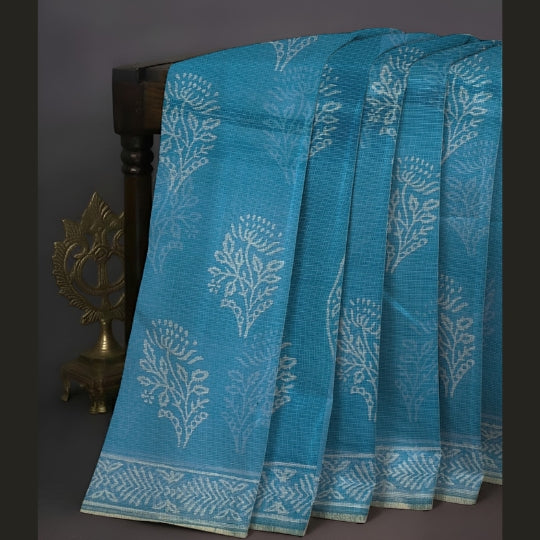 Blue Soft Cotton Kota Doriya Block Print Saree
